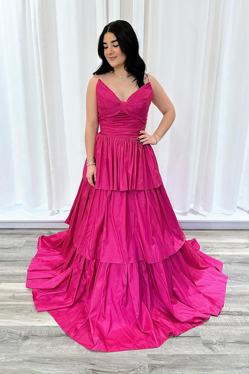 Load image into Gallery viewer, Fuchsia Strapless A Line Tiered Long Prom Dress with Bow