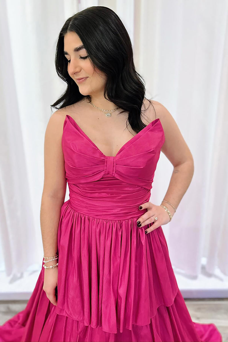 Load image into Gallery viewer, Fuchsia Strapless A Line Tiered Long Prom Dress with Bow