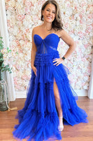 Load image into Gallery viewer, Royal Blue Sweetheart Tiered Long Corset Prom Dress with Slit