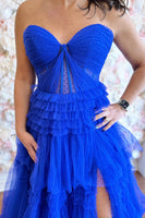 Load image into Gallery viewer, Royal Blue Sweetheart Tiered Long Corset Prom Dress with Slit