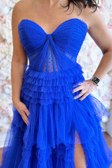 Royal Blue Sweetheart Tiered Long Corset Prom Dress with Slit