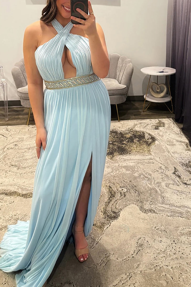 Load image into Gallery viewer, Sparkly Light Blue Halter Neck Long Prom Dress with Keyhole