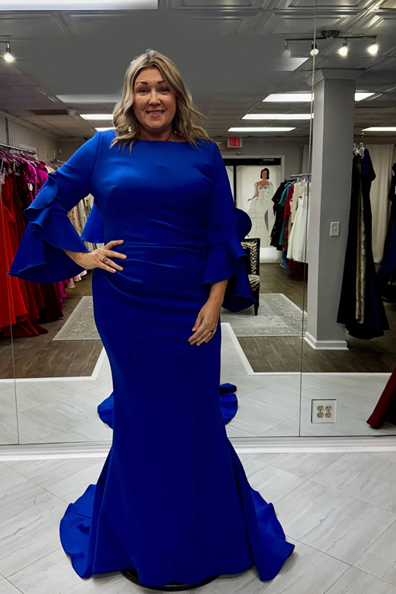 Load image into Gallery viewer, Navy Plus Size Mermaid Ruffled Long Mother of the Bride Dress with Sleeves