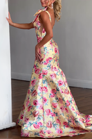 Load image into Gallery viewer, Yellow Fuchsia Floral V Neck Mermaid Long Prom Dress with Bows