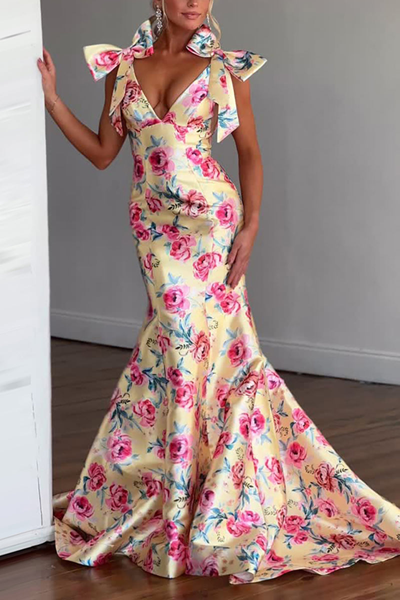 Load image into Gallery viewer, Yellow Fuchsia Floral V Neck Mermaid Long Prom Dress with Bows