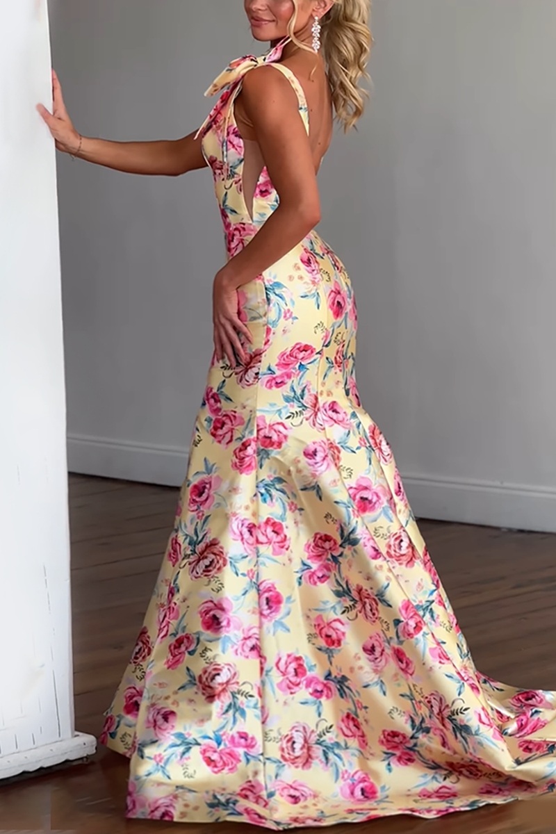 Load image into Gallery viewer, Yellow Fuchsia Floral V Neck Mermaid Long Prom Dress with Bows