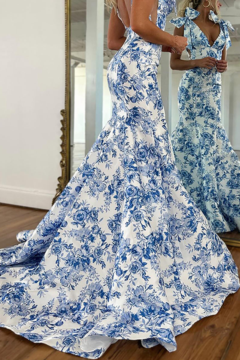 Load image into Gallery viewer, White Blue Floral Mermaid V Neck Long Prom Dress with Bows