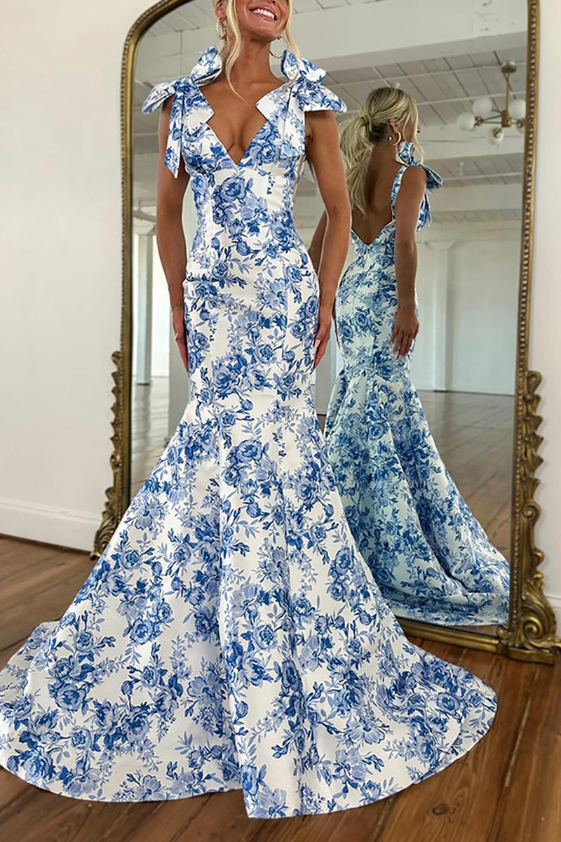 Load image into Gallery viewer, White Blue Floral Mermaid V Neck Long Prom Dress with Bows
