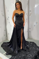 Load image into Gallery viewer, Black Sweetheart Ruched Long Prom Dress with Slit
