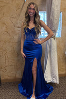 Load image into Gallery viewer, Sparkly Royal Blue Mermaid Beaded Long Corset Prom Dress with Slit