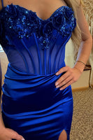 Load image into Gallery viewer, Sparkly Royal Blue Mermaid Beaded Long Corset Prom Dress with Slit