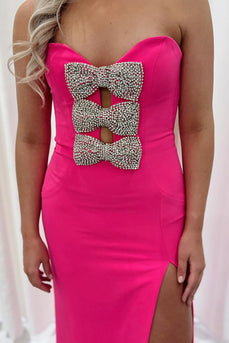 Sparkly Fuchsia Beaded Strapless Sheath Long Prom Dress with Keyhole