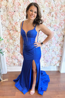 Load image into Gallery viewer, Sparkly Royal Blue Mermaid Long Corset Prom Dress with Slit