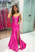 Load image into Gallery viewer, Sparkly Fuchsia Sweetheart Mermaid Long Prom Dress with Slit