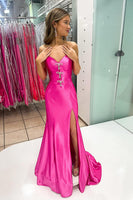 Load image into Gallery viewer, Sparkly Fuchsia Sweetheart Mermaid Long Prom Dress with Slit