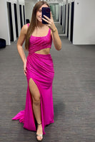 Load image into Gallery viewer, Sparkly Fuchsia Thick Straps Cut Out Mermaid Long Prom Dress with Slit
