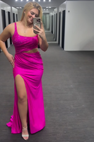 Load image into Gallery viewer, Sparkly Fuchsia Thick Straps Cut Out Mermaid Long Prom Dress with Slit