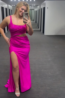 Sparkly Fuchsia Thick Straps Cut Out Mermaid Long Prom Dress with Slit