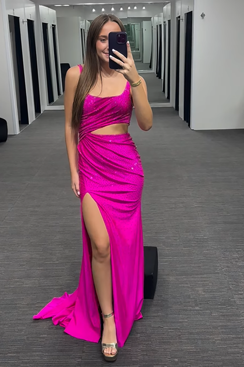 Load image into Gallery viewer, Sparkly Fuchsia Thick Straps Cut Out Mermaid Long Prom Dress with Slit