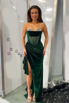 Sparkly Dark Green Velvet Sheath Long Corset Prom Dress with Slit