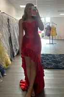 Load image into Gallery viewer, Red Strapless Mermaid Ruffled High Low Corset Prom Dress