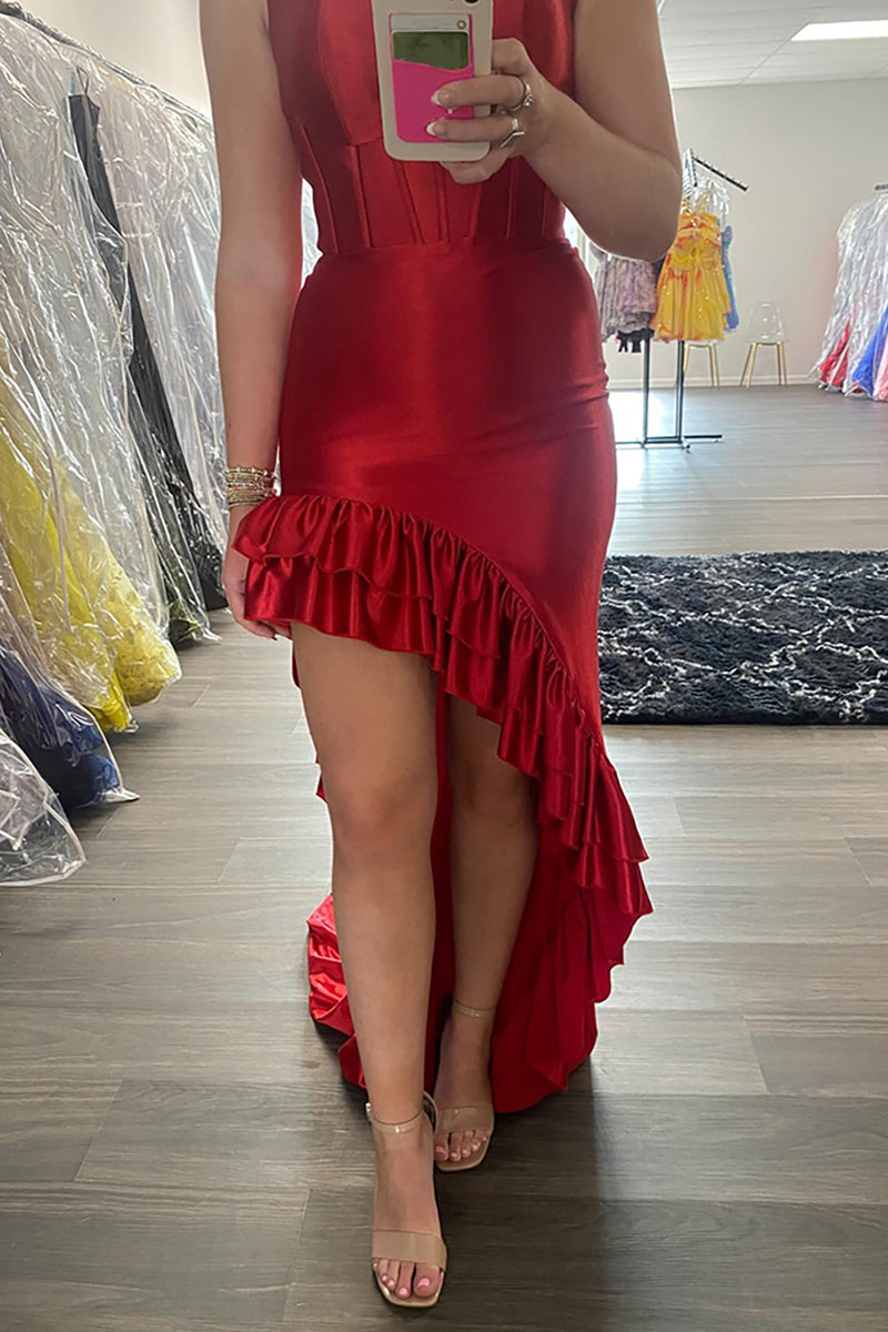 Load image into Gallery viewer, Red Strapless Mermaid Ruffled High Low Corset Prom Dress