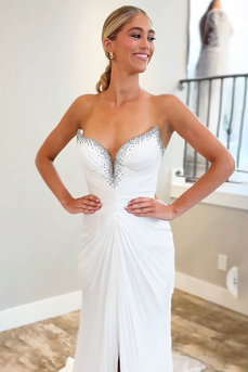 Sparkly White Beaded Sweetheart Mermaid Long Prom Dress with Slit