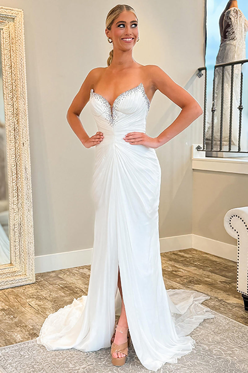 Load image into Gallery viewer, Sparkly White Beaded Sweetheart Mermaid Long Prom Dress with Slit