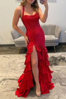 Load image into Gallery viewer, Sparkly Red Sequin Ruffled Mermaid Long Corset Prom Dress with Slit