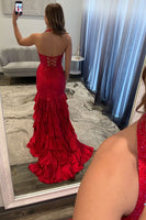 Load image into Gallery viewer, Sparkly Red Sequin Ruffled Mermaid Long Corset Prom Dress with Slit