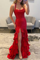 Load image into Gallery viewer, Sparkly Red Sequin Ruffled Mermaid Long Corset Prom Dress with Slit