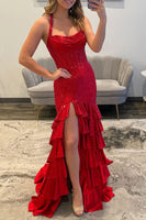 Load image into Gallery viewer, Sparkly Red Sequin Ruffled Mermaid Long Corset Prom Dress with Slit