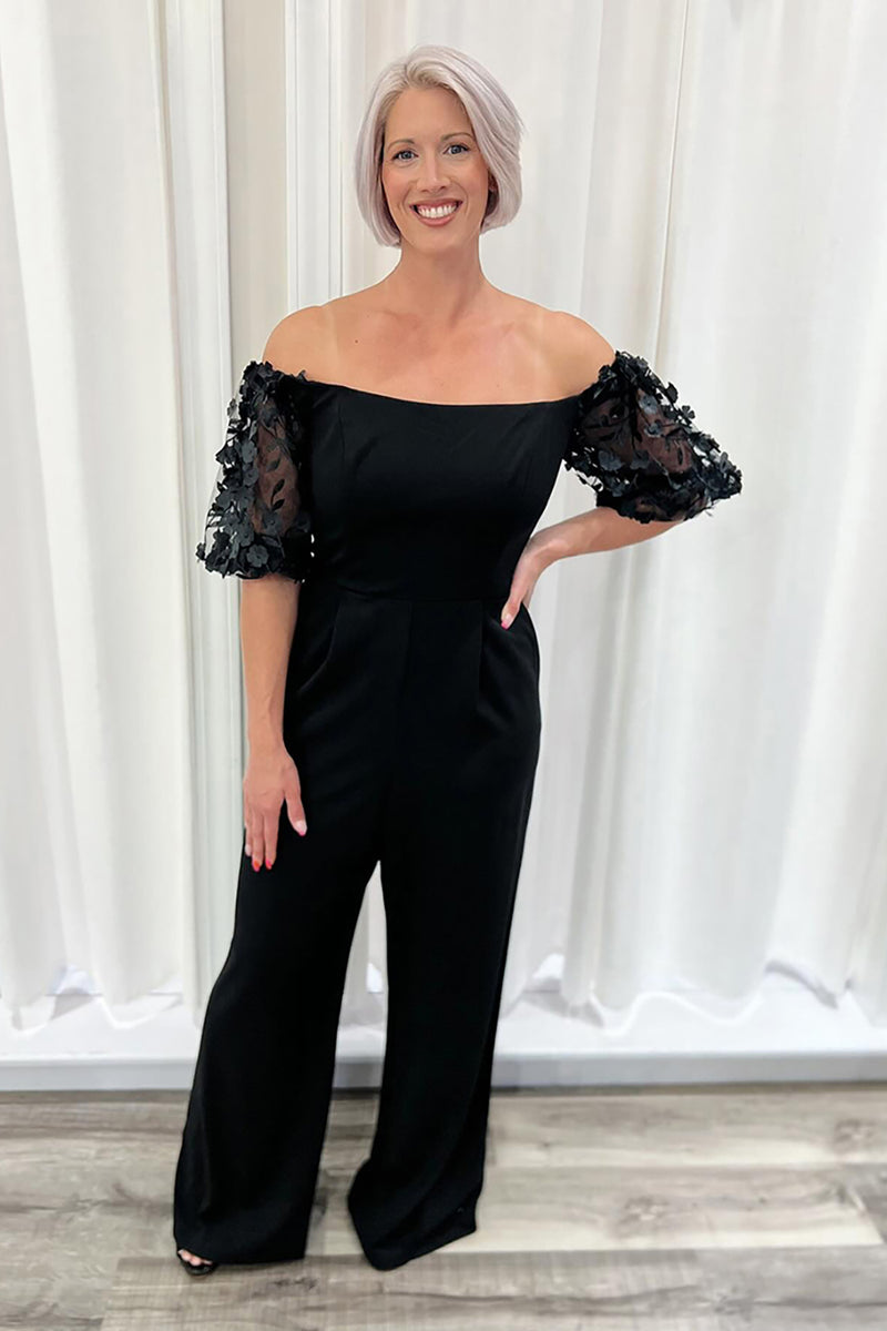 Load image into Gallery viewer, Black Floral Off the Shoulder Long Mother of the Bride Pantsuit with Sleeves