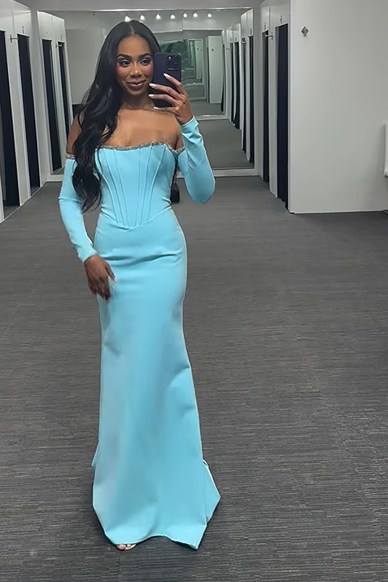 Load image into Gallery viewer, Sparkly Light Blue Off the Shoulder Mermaid Corset Long Prom Dress