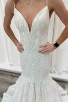 Load image into Gallery viewer, Sparkly White Sequin Appliqued Mermaid Long Prom Dress