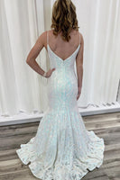 Load image into Gallery viewer, Sparkly White Sequin Appliqued Mermaid Long Prom Dress