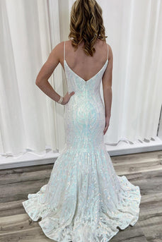 Sparkly White Sequin Appliqued Mermaid Long Prom Dress