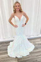 Load image into Gallery viewer, Sparkly White Sequin Appliqued Mermaid Long Prom Dress