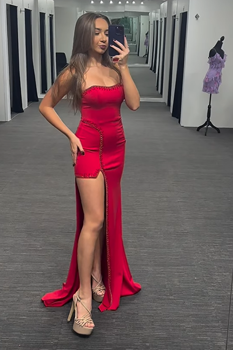 Load image into Gallery viewer, Sparkly Red Beaded Mermaid Long Prom Dress with Slit