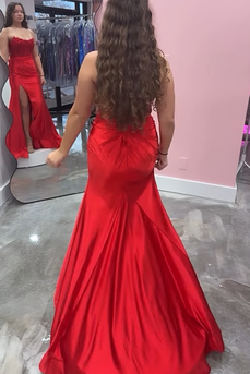 Sparkly Red Strapless Mermaid Long Corset Prom Dress with Slit