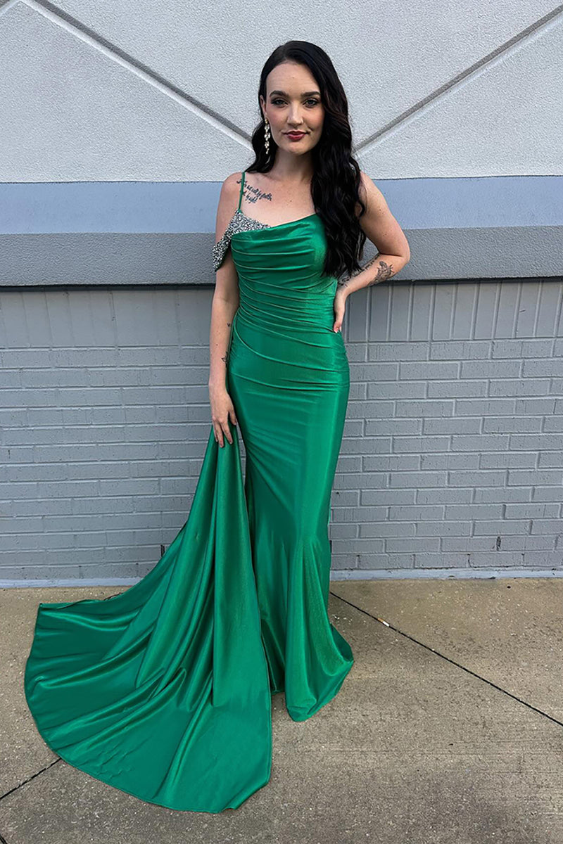 Load image into Gallery viewer, Sparkly Green Cold Shoulder Mermaid Long Prom Dress with Side Cape
