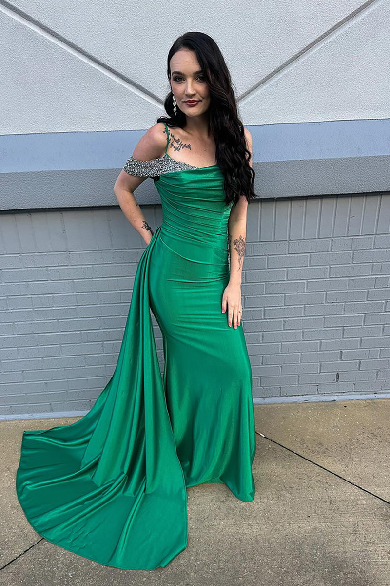 Load image into Gallery viewer, Sparkly Green Cold Shoulder Mermaid Long Prom Dress with Side Cape