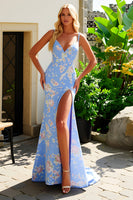 Load image into Gallery viewer, Blue and Pink Mermaid Floral Long Prom Dress with Slit