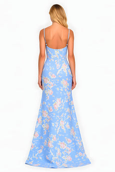 Blue and Pink Mermaid Floral Long Prom Dress with Slit