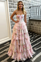 Load image into Gallery viewer, Pink Flower Strapless Long Corset Prom Dress with Ruffles
