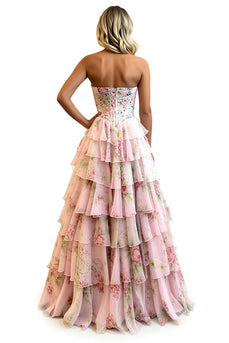 Pink Flower Strapless Long Corset Prom Dress with Ruffles