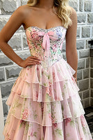 Load image into Gallery viewer, Pink Flower Strapless Long Corset Prom Dress with Ruffles