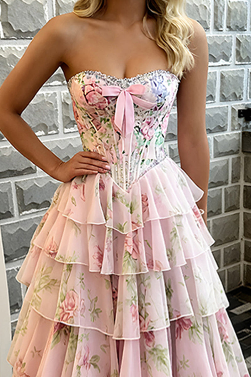 Load image into Gallery viewer, Pink Flower Strapless Long Corset Prom Dress with Ruffles