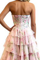 Load image into Gallery viewer, Pink Flower Strapless Long Corset Prom Dress with Ruffles