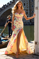 Load image into Gallery viewer, Yellow Floral Mermaid Long Corset Prom Dress with Slit